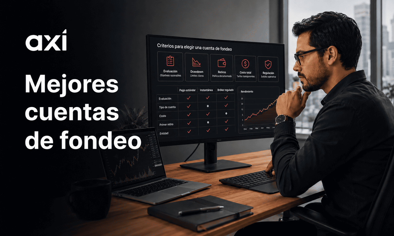 Un trader analizando los criterios para elegir las mejores cuentas de fondeo