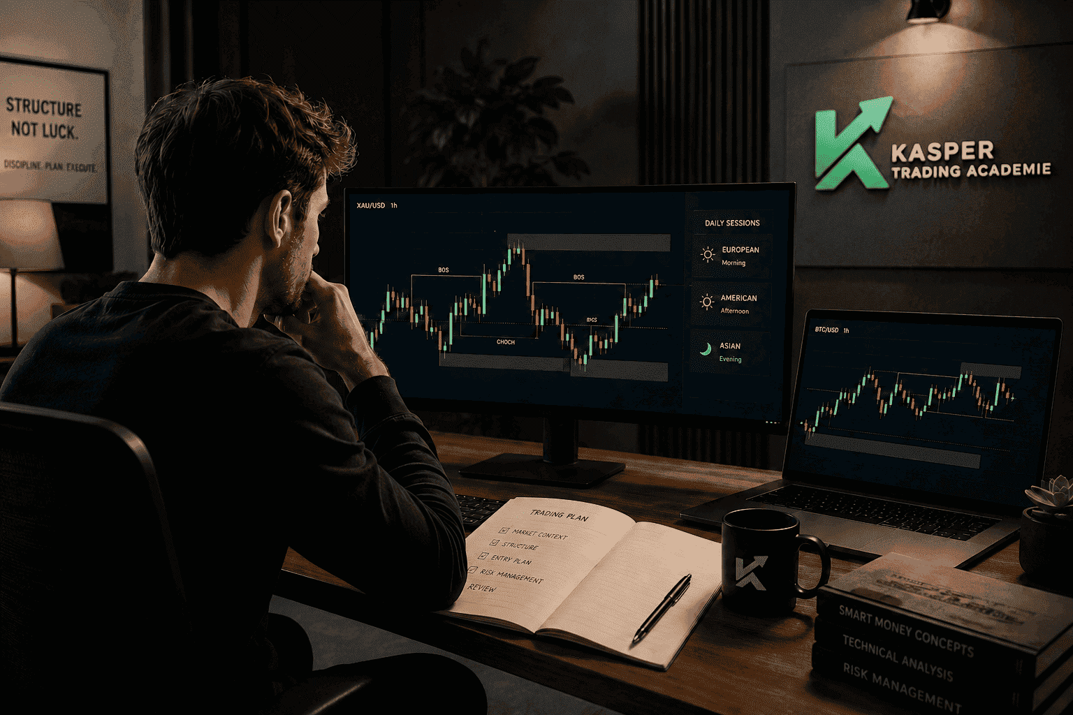 trader studying charts with kasper trading academie logo
