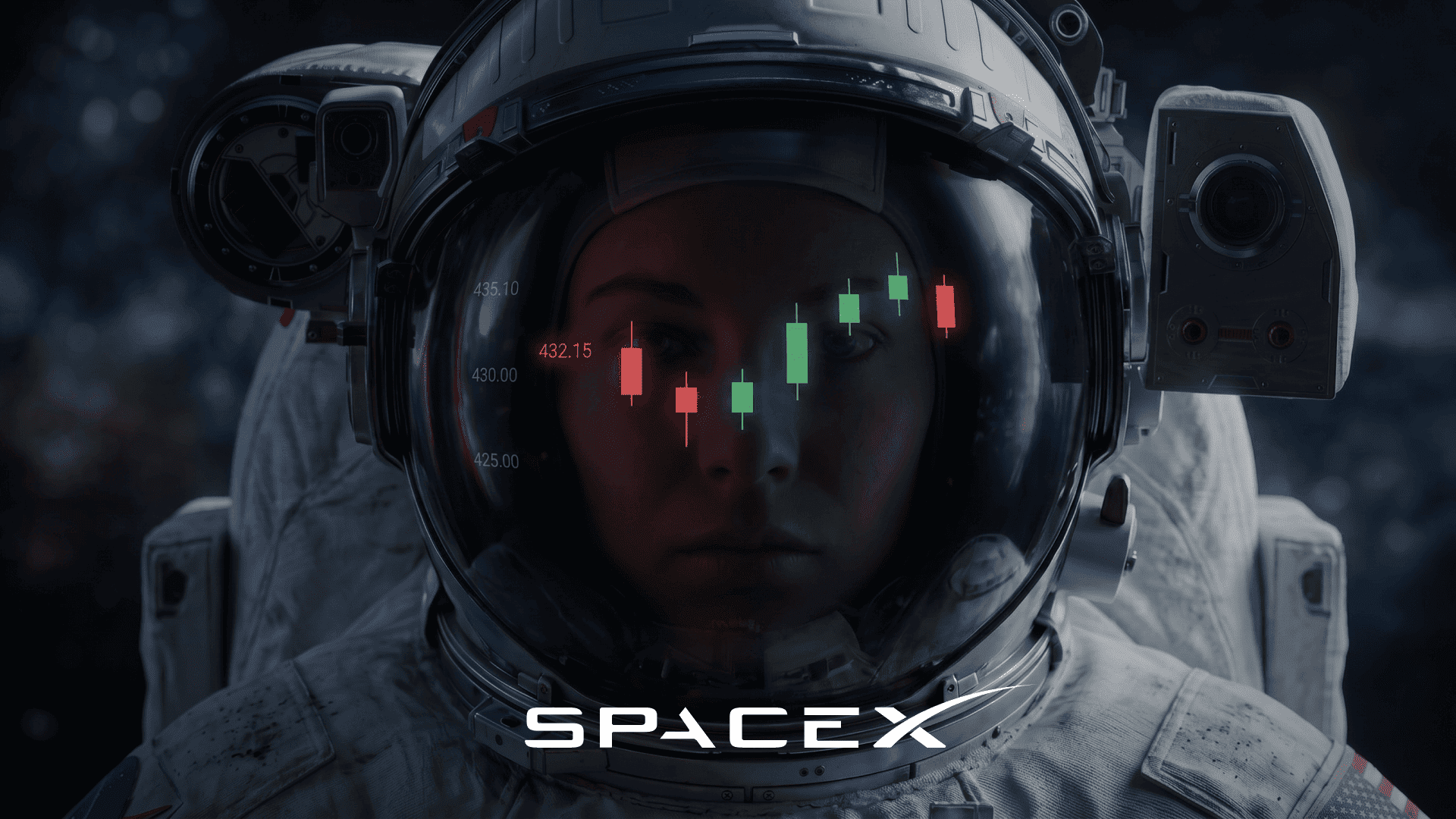 female astronaut wearing a helmet with candlestick charts featuring the SpaceX logo below