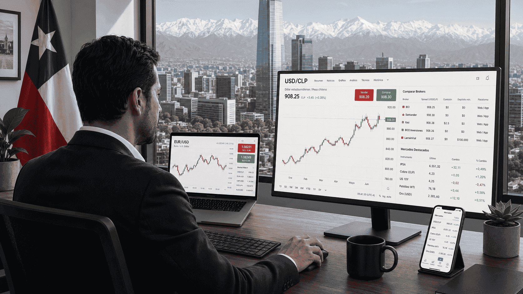 Trader profesional analizando un gráfico de divisas USD/CLP en Chile
